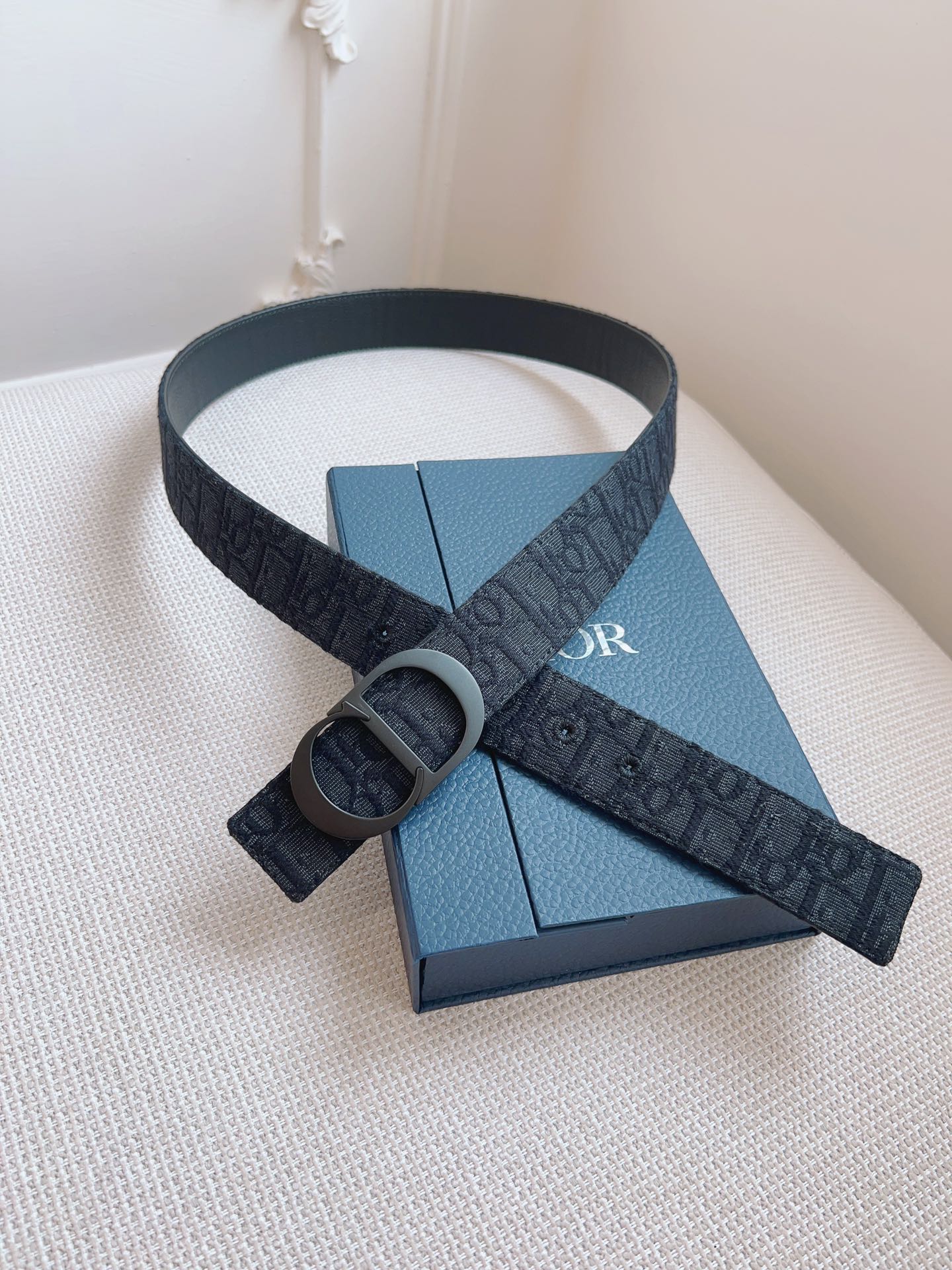DIOR Oblique Black Leather and Cloth Belt - Premium Quality