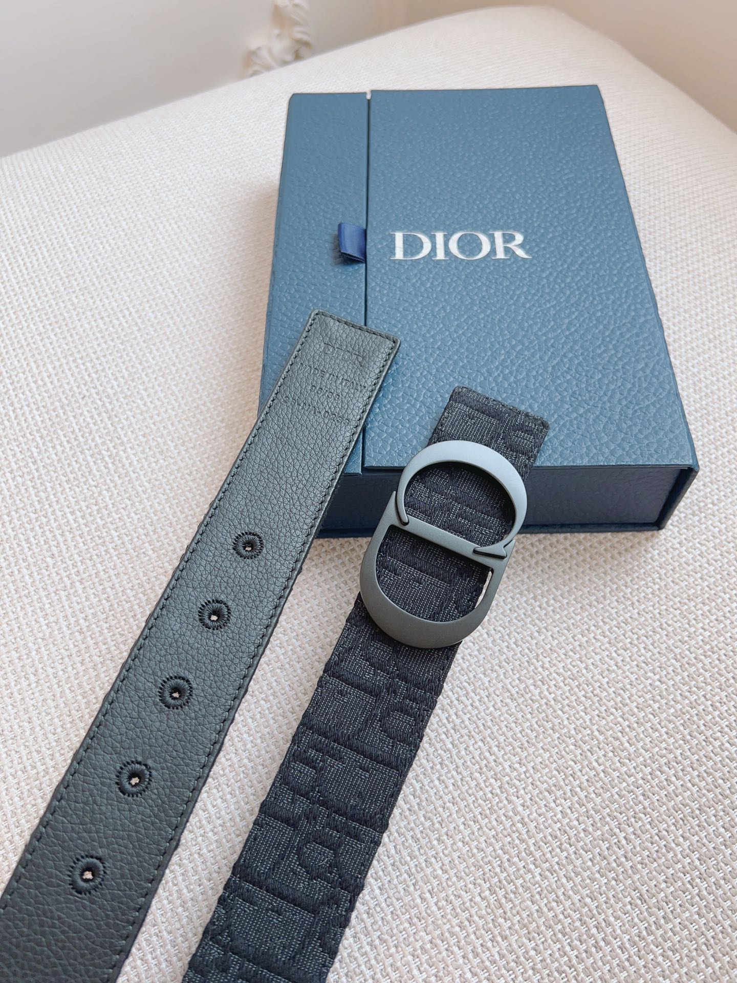DIOR Oblique Black Leather and Cloth Belt - Premium Quality