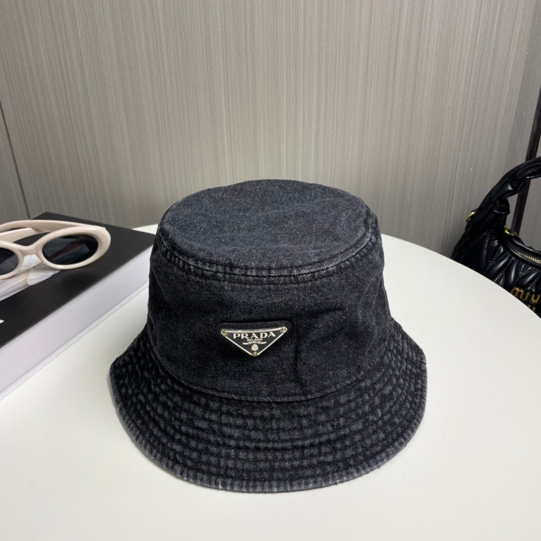 Prada Star Washed Denim Inverted Triangle Baseball Cap