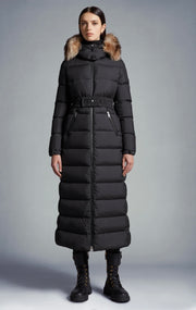 Moncler Fudson Matte Long Fur Tie Hooded Down Jacket