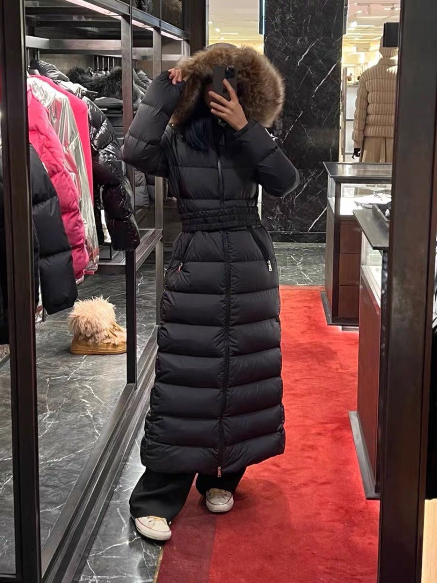 Moncler Fudson Matte Long Fur Tie Hooded Down Jacket