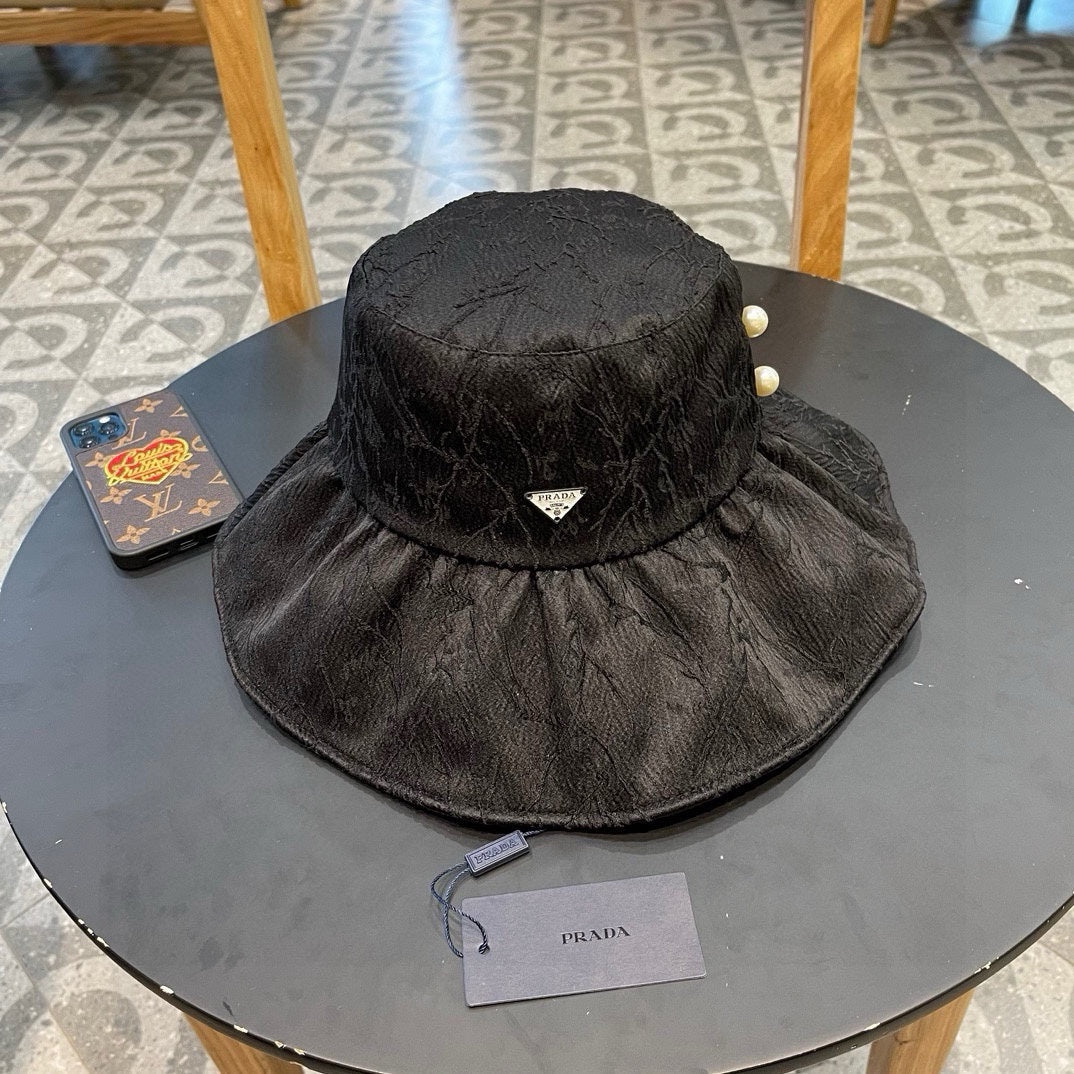 Prada Women's Big Brim Sun Hat - Foldable Fisherman Hat with Lace Pattern