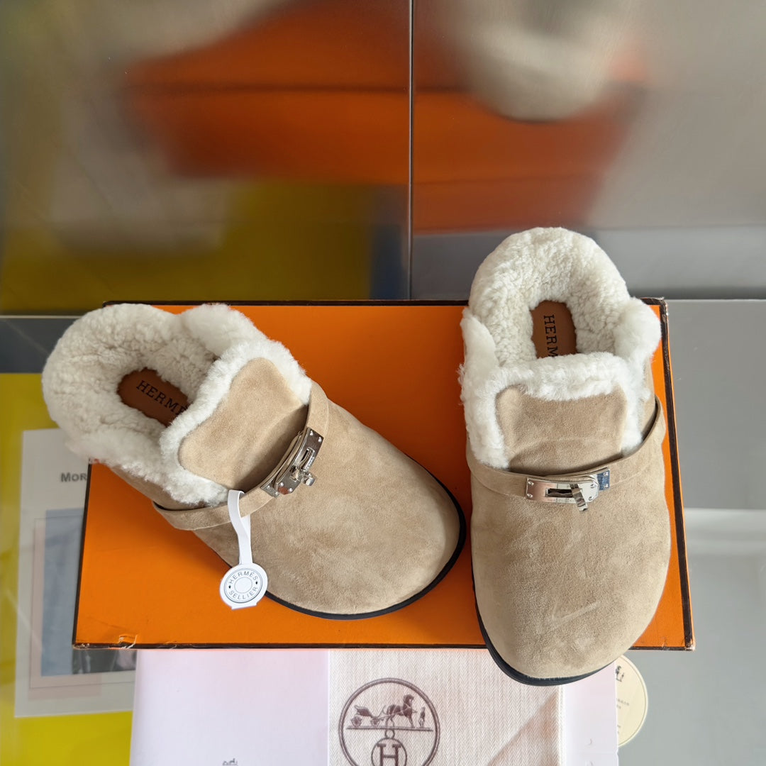 HermÃ¨s Kelly Buckle Teddy Mules for Women - Premium Suede and Shearling Slippers
