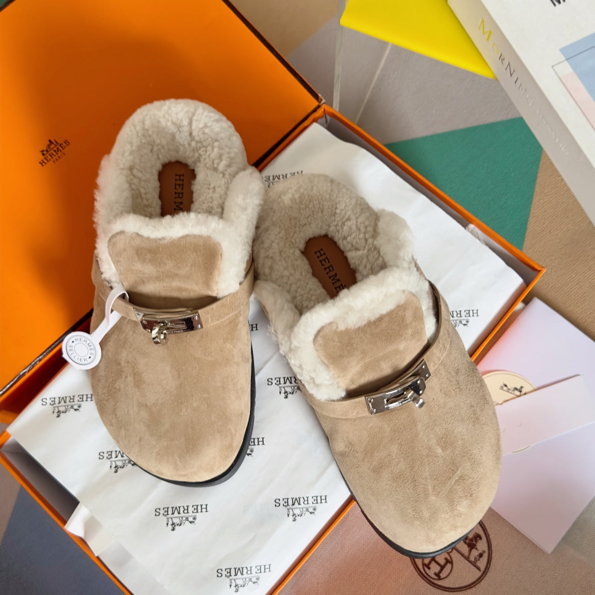 HermÃ¨s Kelly Buckle Teddy Mules for Women - Premium Suede and Shearling Slippers