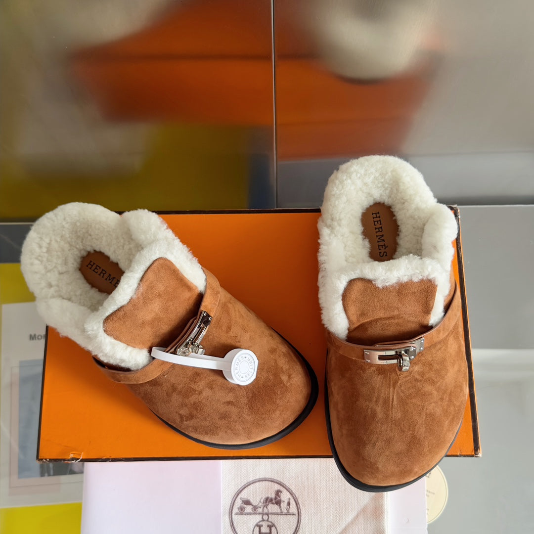 HermÃ¨s Kelly Buckle Women's Teddy Mules - Luxury Suede Slippers