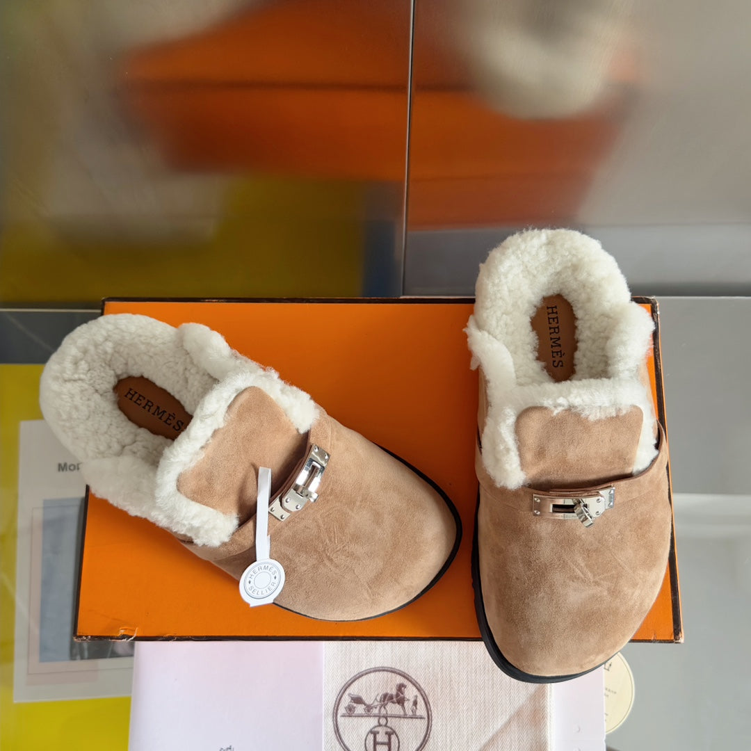 Women's Hermes Kelly Buckle Teddy Mules - Luxe Shearling Slippers