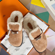 Women's Hermes Kelly Buckle Teddy Mules - Luxe Shearling Slippers