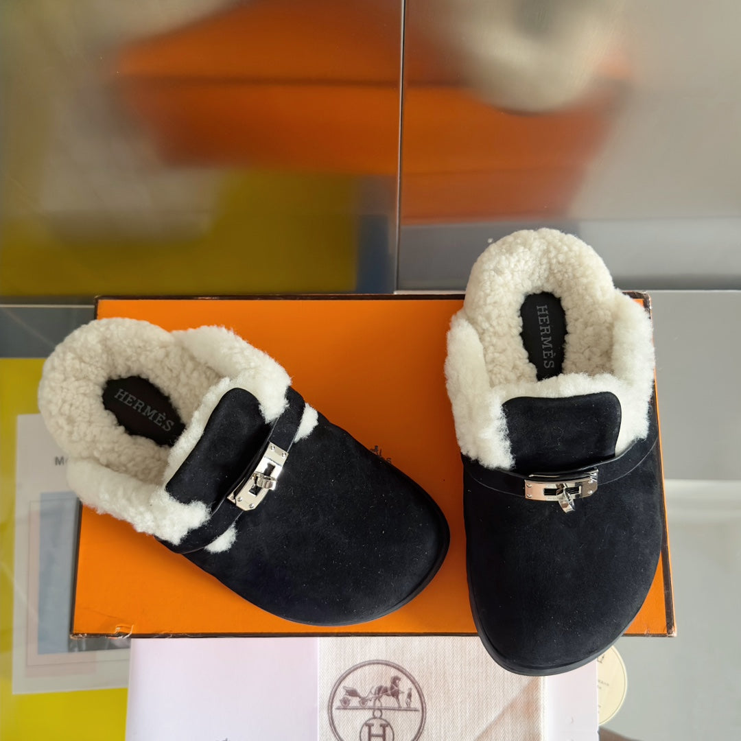 Hermes Kelly Buckle Teddy Mules - Women's Luxury Slippers