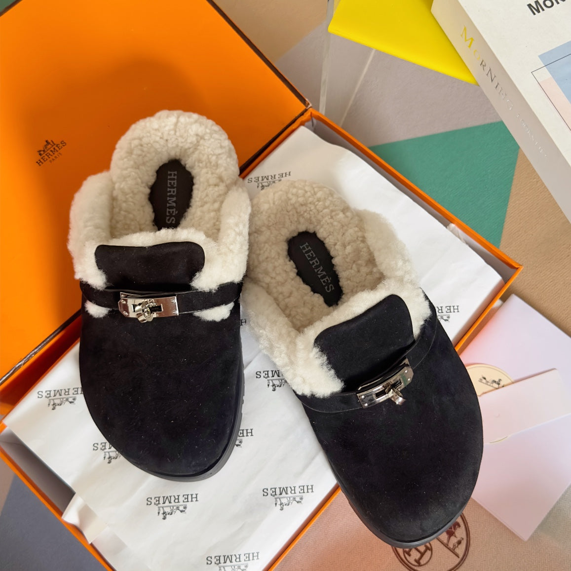 Hermes Kelly Buckle Teddy Mules - Women's Luxury Slippers