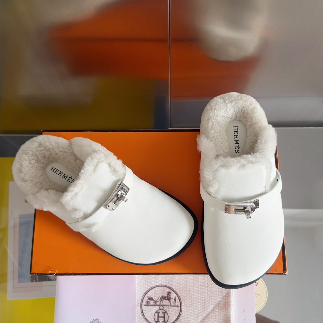 Women's HermÃ¨s Kelly Buckle Teddy Mules - Luxury Suede & Shearling Slippers