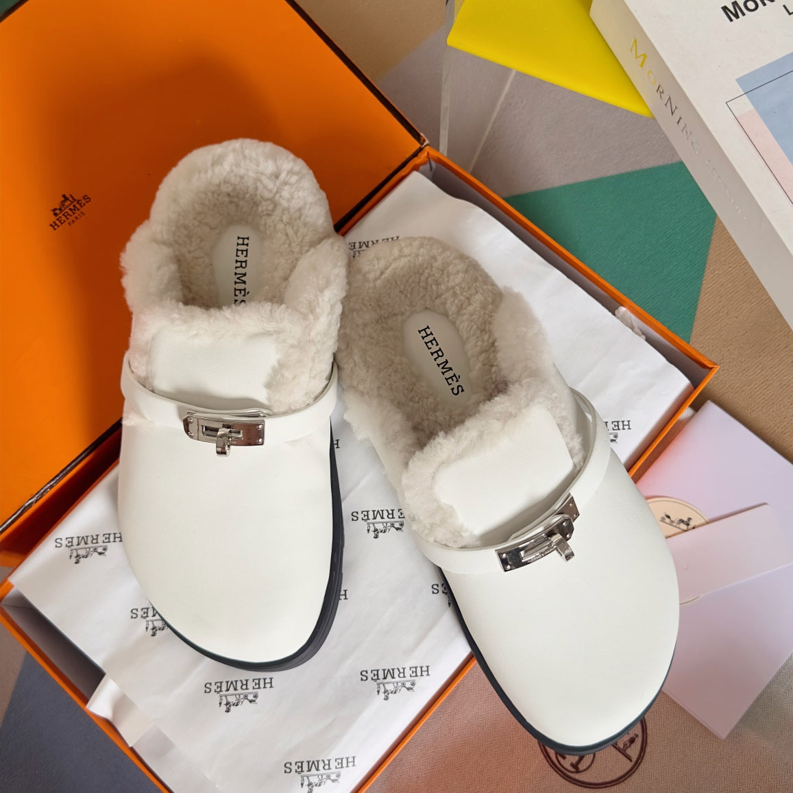 Women's HermÃ¨s Kelly Buckle Teddy Mules - Luxury Suede & Shearling Slippers