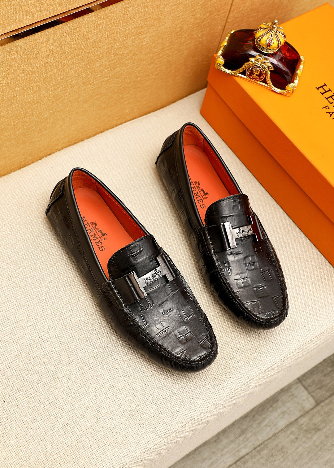 HERMES Premium Bean Shoes - Embossed Calfskin with Classic Hardware Buckle