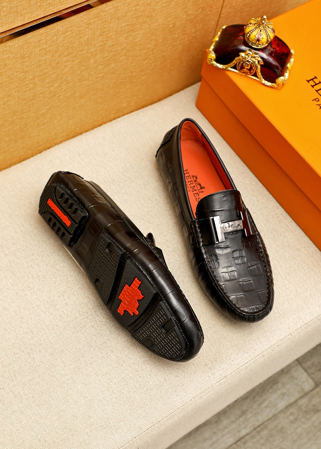 HERMES Premium Bean Shoes - Embossed Calfskin with Classic Hardware Buckle