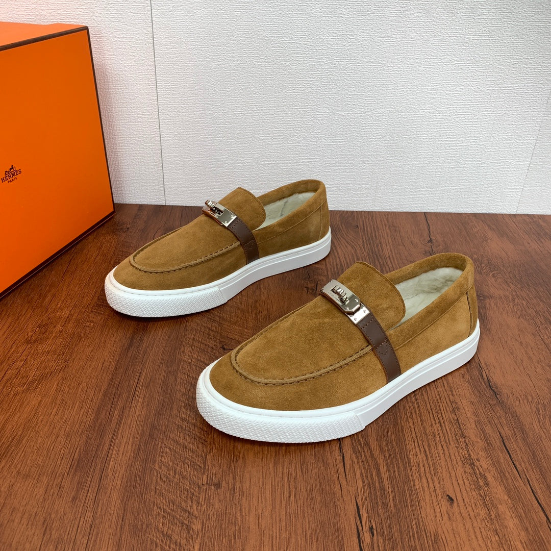 HermÃ¨s 2024 Men's Suede Loafers - Luxury Wool Slip-Ons