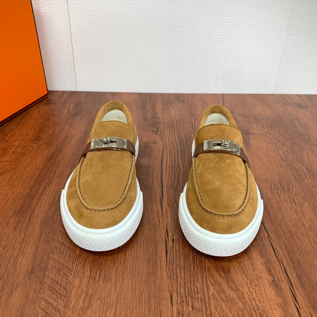 HermÃ¨s 2024 Men's Suede Loafers - Luxury Wool Slip-Ons