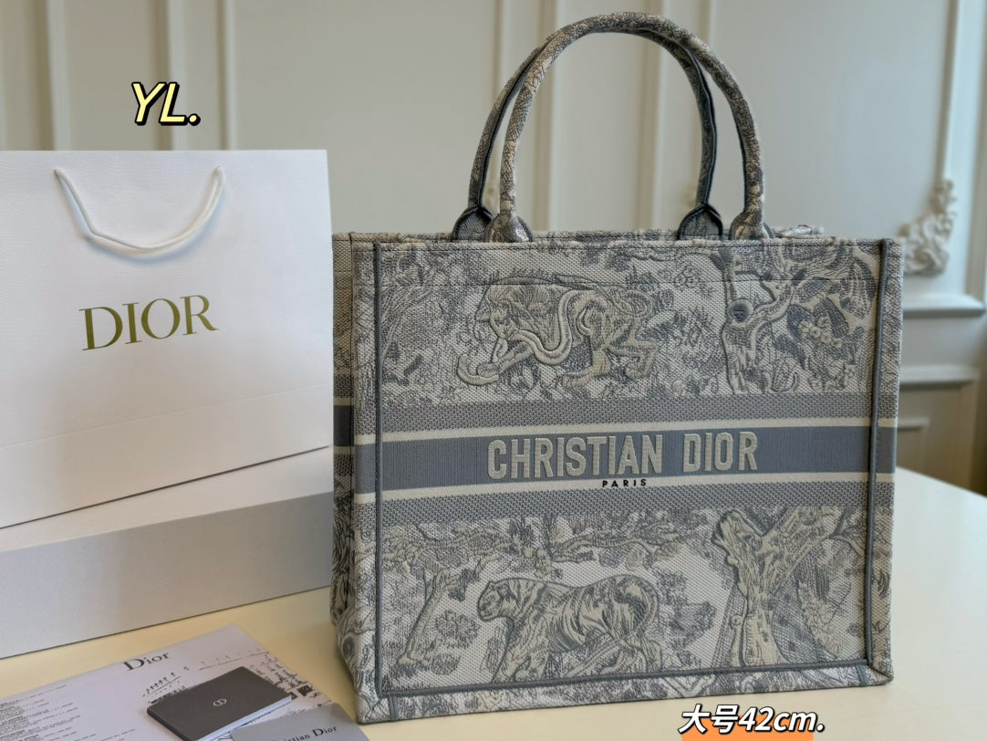 Large Dior Canvas Embroidered Tote Bag - Vintage Chic Design
