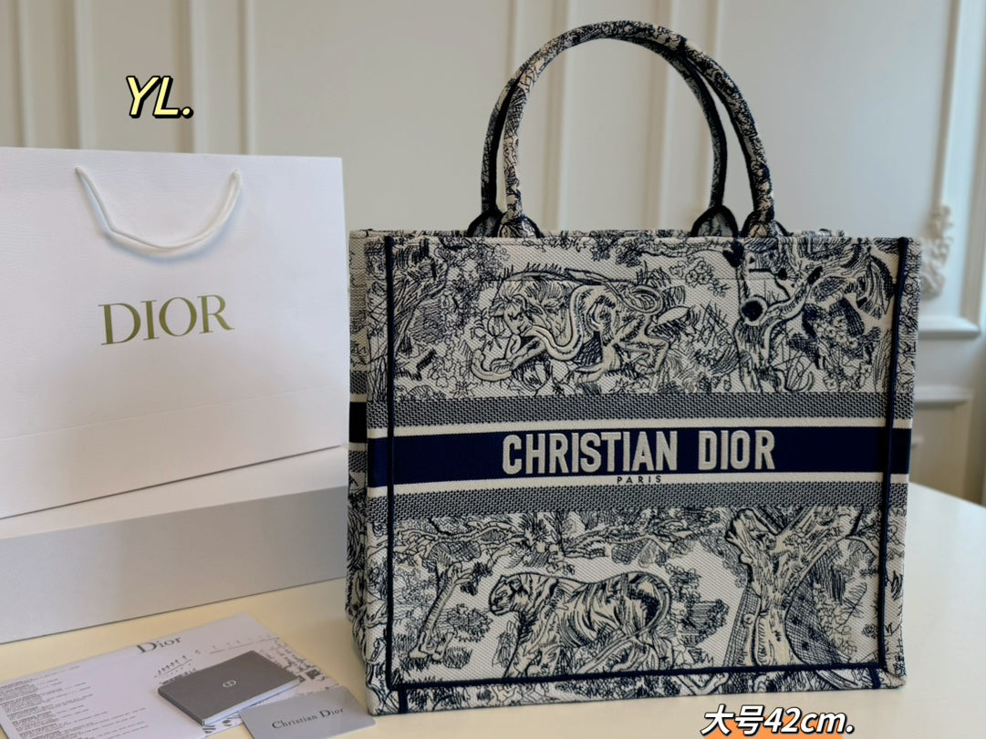 Large Dior Canvas Embroidered Tote Bag - Vintage Chic Design