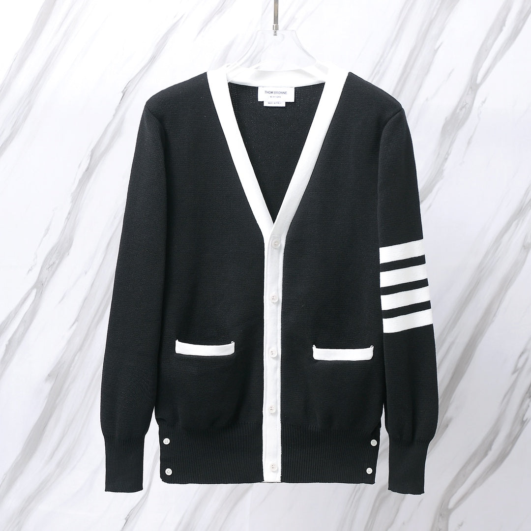 Thom Browne TB M18 Contrasting Color Knitted Cardigan - Wool Blend Sweater