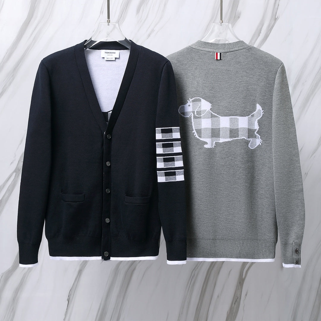 Thom Browne TB M19 Knitted Puppy Cardigan - Gray/Navy