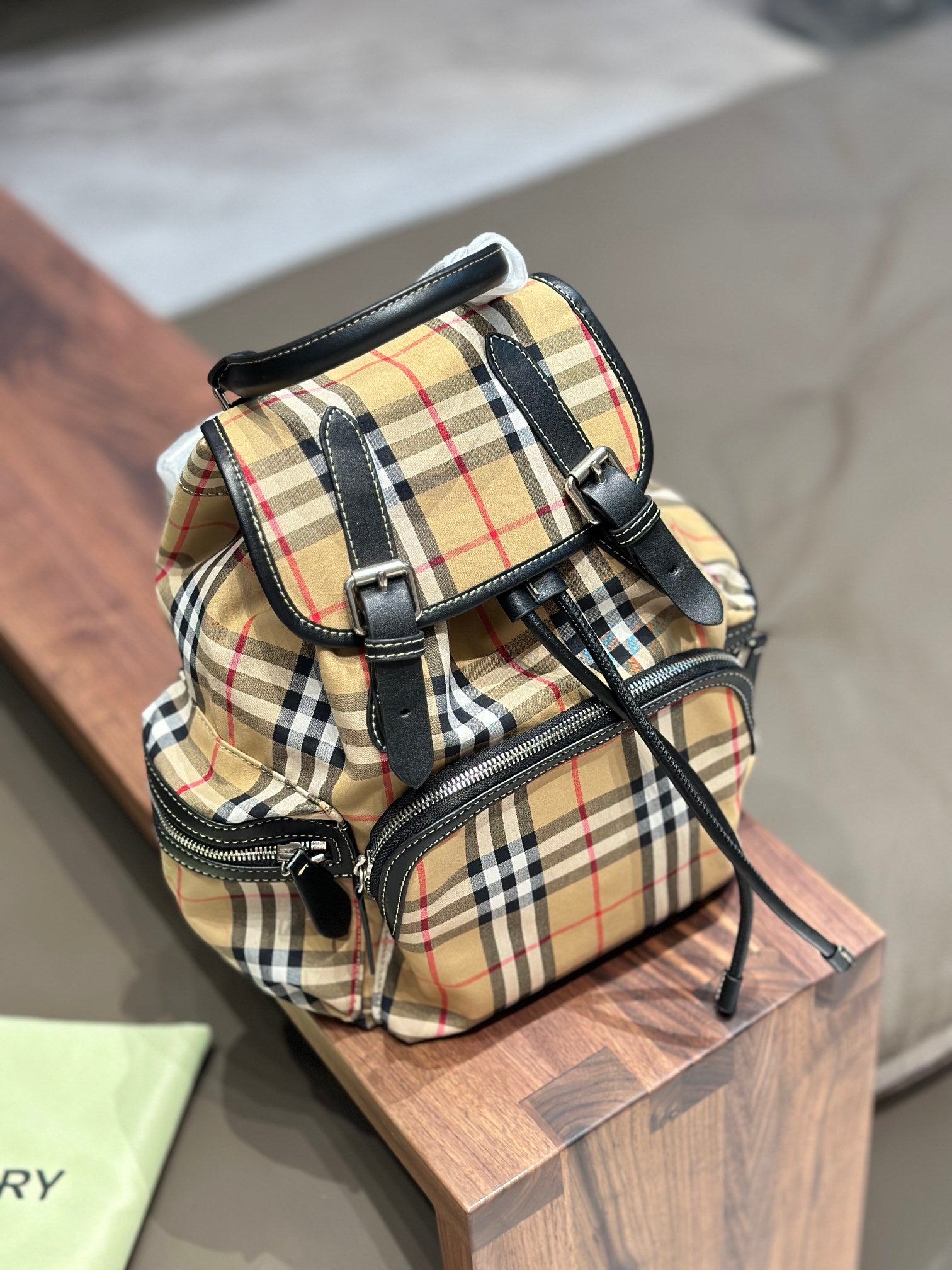 Unisex Burberry Striped Backpack with Leather Trims