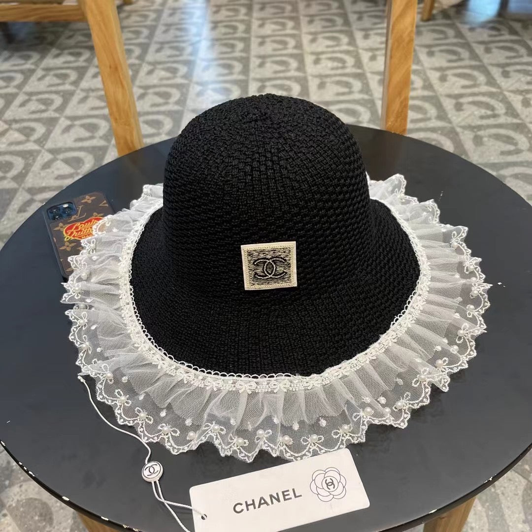Chanel Women's Pearl Lace Straw Hat - UV Protection Large Brim Summer Beach Hat