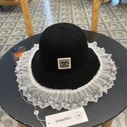 Chanel Women's Pearl Lace Straw Hat - UV Protection Large Brim Summer Beach Hat