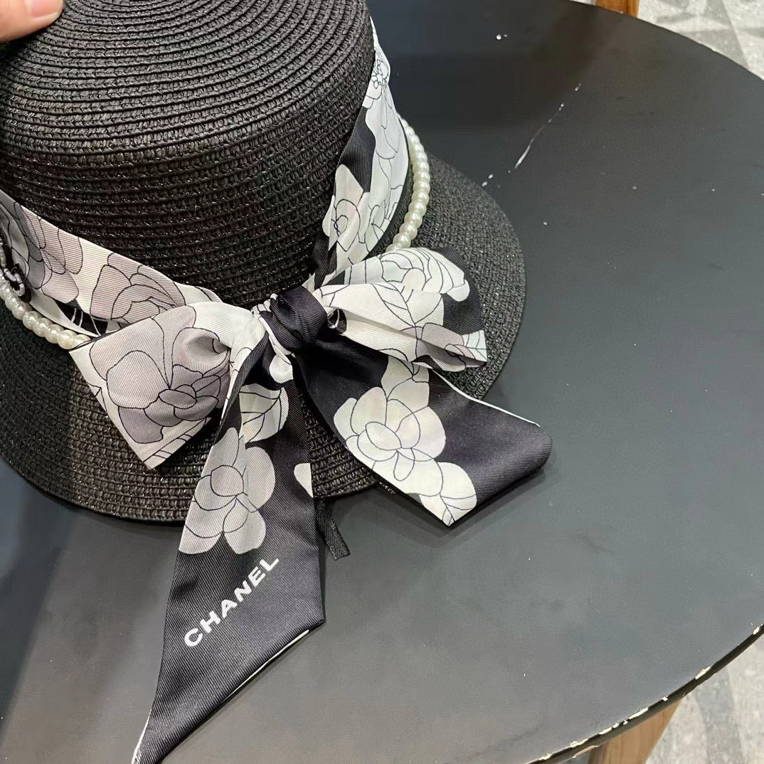 Chanel Straw Woven Holiday Hat with Pearl Ribbon