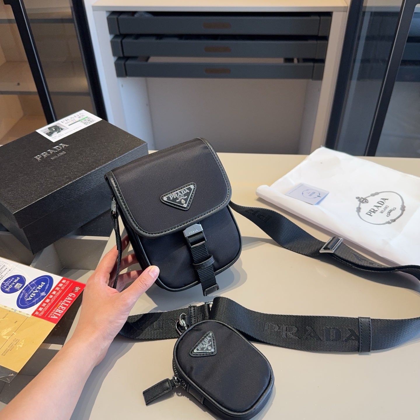 Prada Men's Crossbody Bag - Waterproof Mobile Phone Bag with Coin Purse Pendant