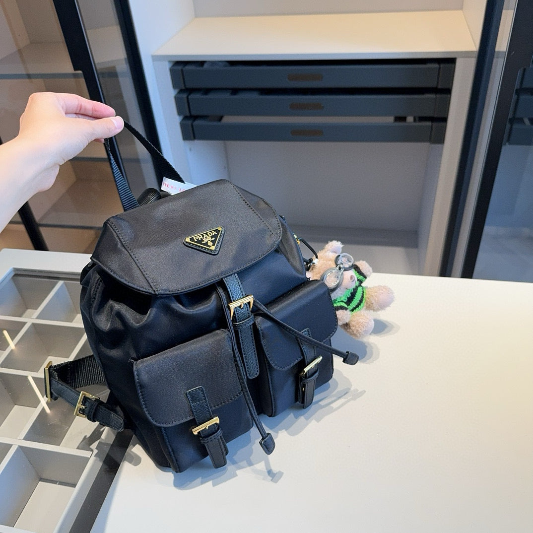 Prada-Inspired Upgraded Backpack with Golden Logo and Pendant