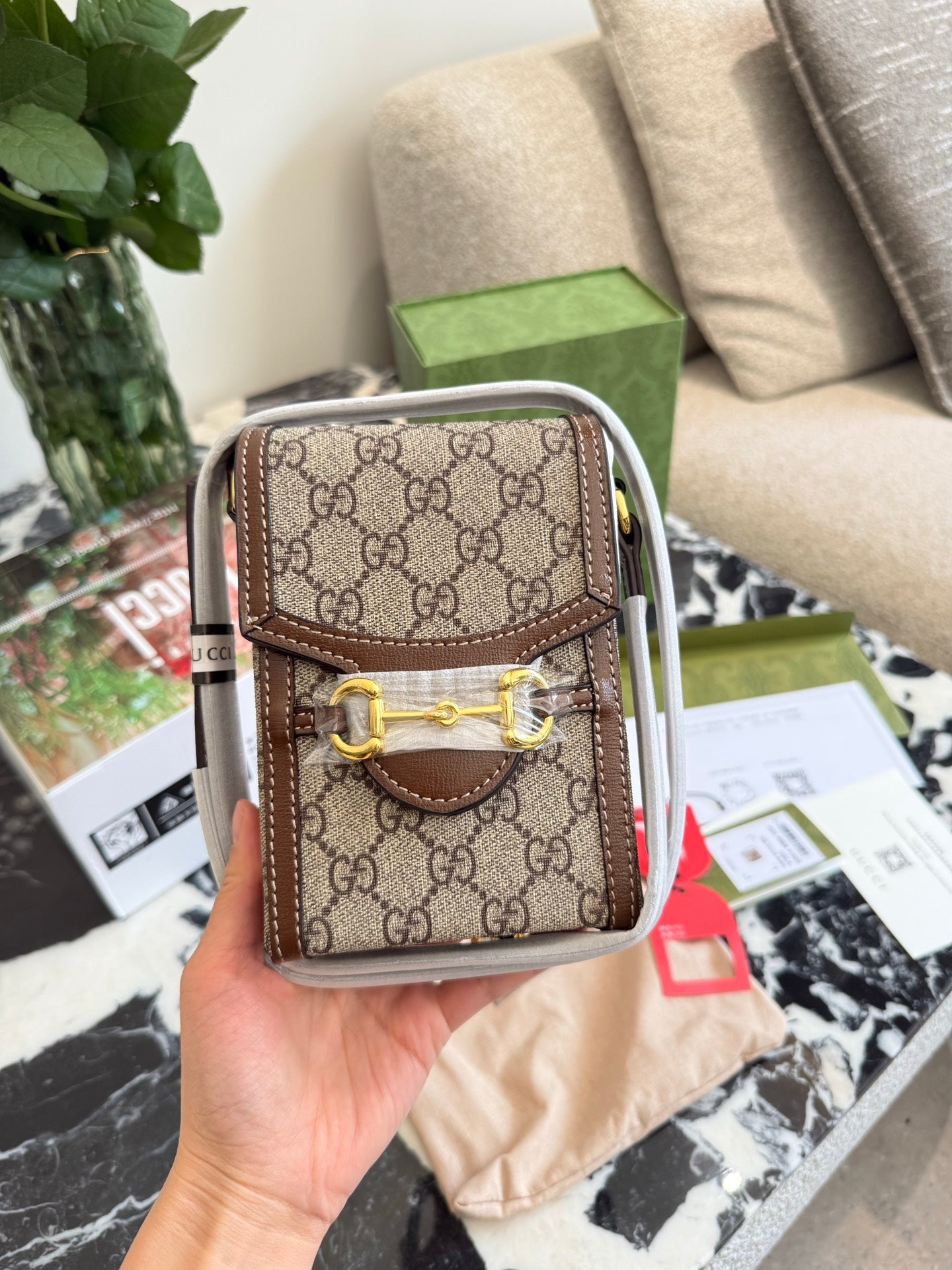 Gucci 1955 Mini Mobile Phone Bag - Beige & Ebony GG Supreme Canvas