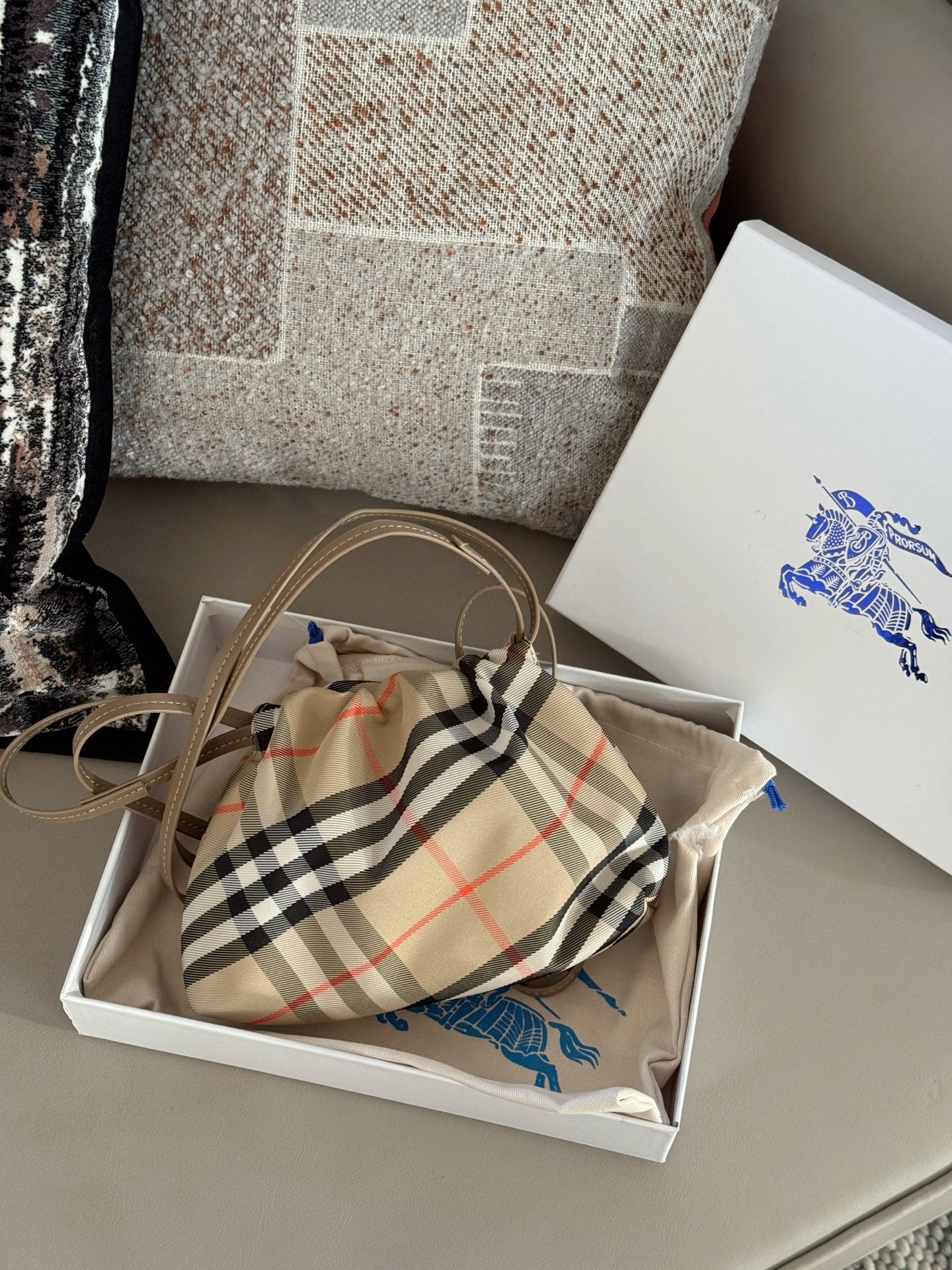 Burberry Checked Cloud Bag with Drawstring Closure