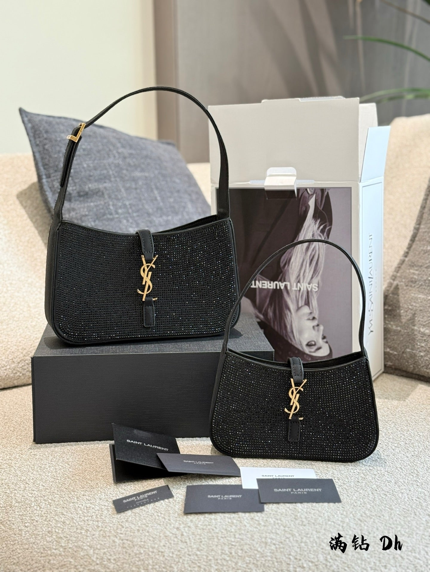 YSL Diamond-Studded Hobo Underarm Bag - 25cm x 20cm with Double Box Packaging