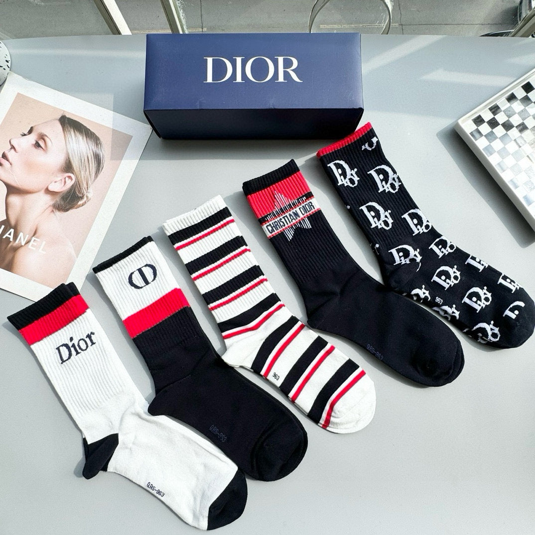 Designer High-Top Socks - Unisex Dior Style (5 Pairs)