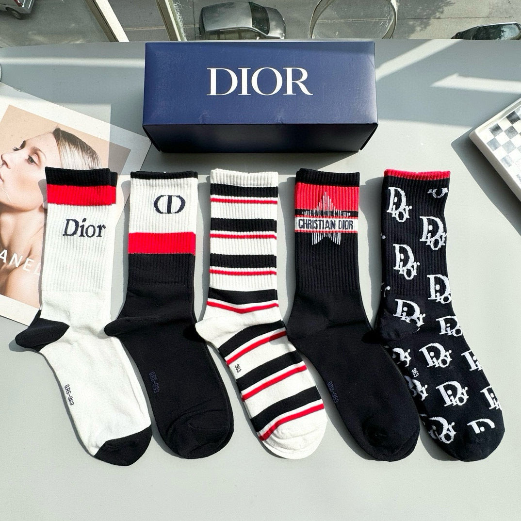 Designer High-Top Socks - Unisex Dior Style (5 Pairs)