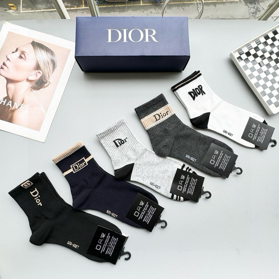 Premium Dior Mid-Calf Socks for Men and Women - 5 Pairs