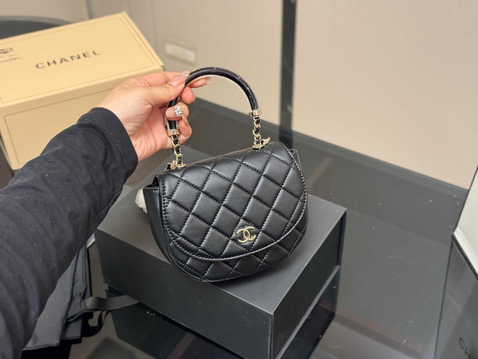 Chanel 25c Early Spring Black Gold Chain Handle Handbag