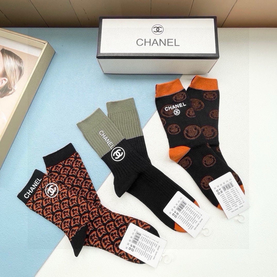 CHANEL Designer Mid-Calf Socks - 3 Pair Set
