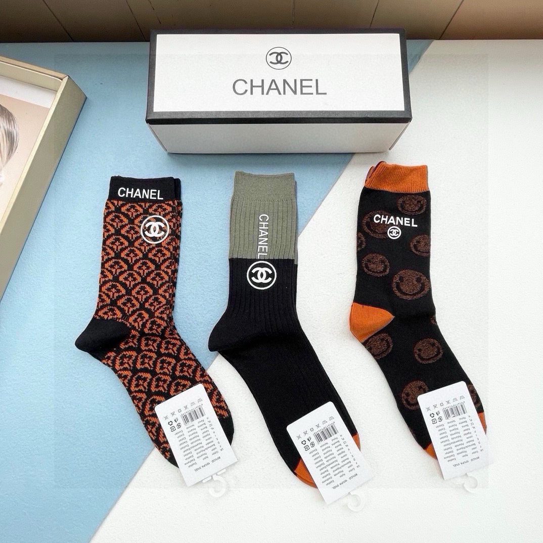 CHANEL Designer Mid-Calf Socks - 3 Pair Set