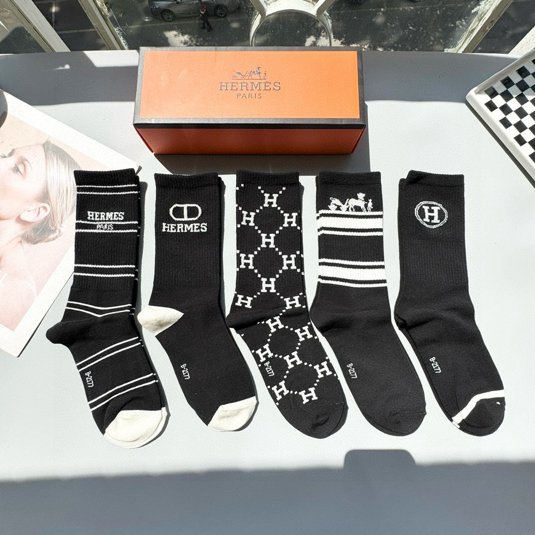 HermÃ¨s Classic Mid-Calf Cotton Socks - Five Pairs
