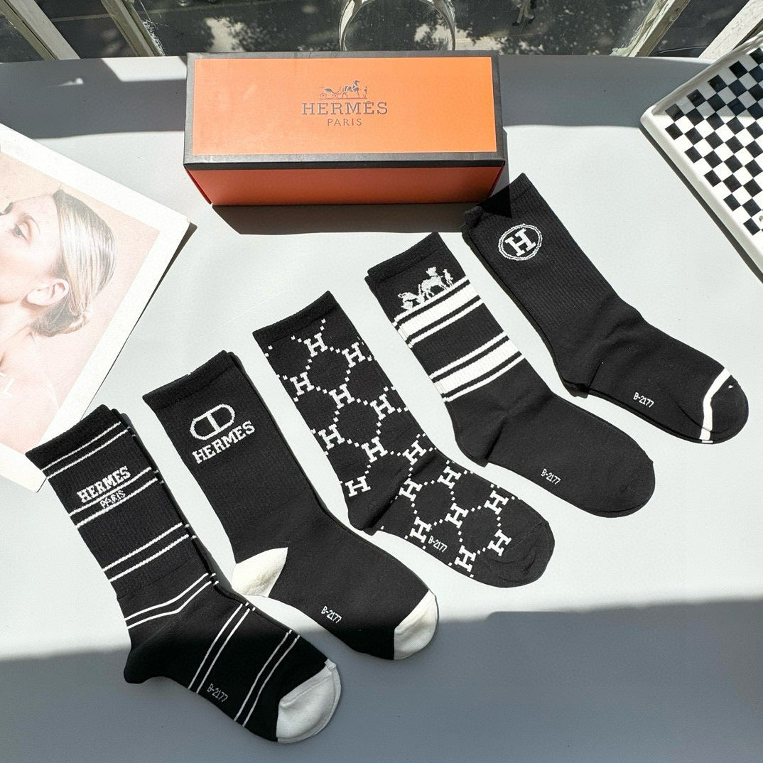 HermÃ¨s Classic Mid-Calf Cotton Socks - Five Pairs