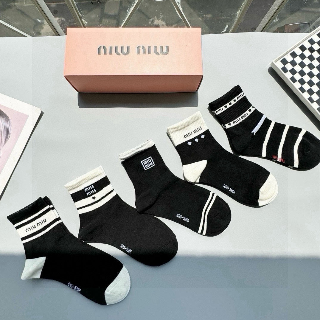 Miu Miu Celebrity-Style Cotton Mid-Tube Socks - 5 Pairs