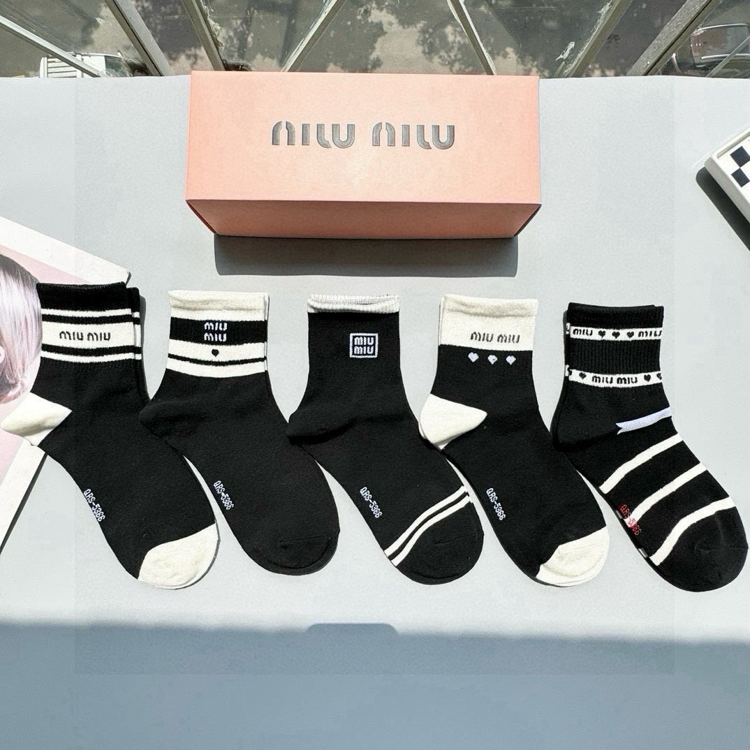 Miu Miu Celebrity-Style Cotton Mid-Tube Socks - 5 Pairs