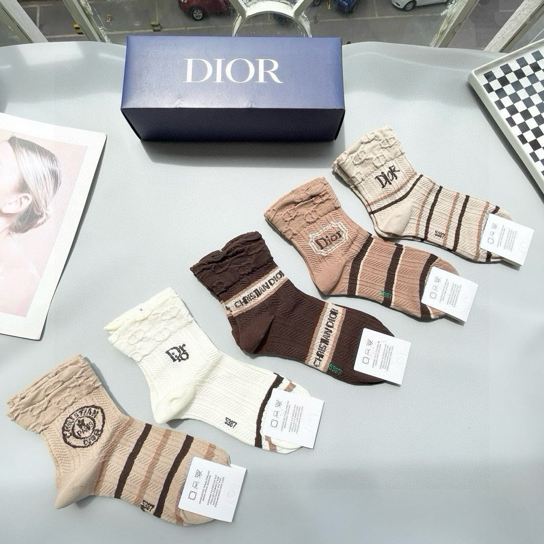 Dior Mid-Calf Fashion Socks - Unisex Stylish 5-Pair Box Set