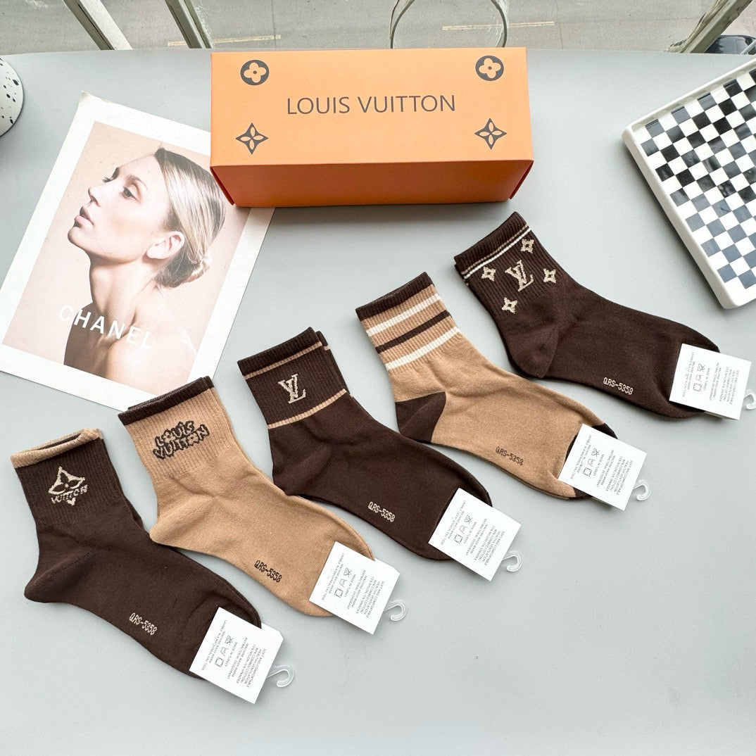 LV Louis Vuitton Mid-Calf Socks - Set of 5 Pairs