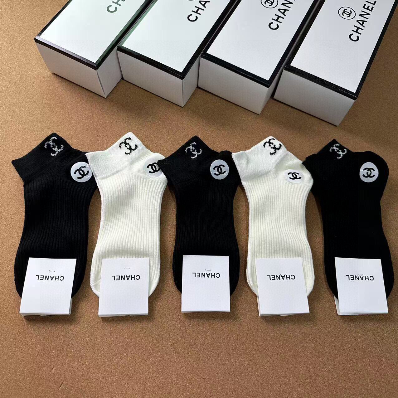 CHANEL Women's Cotton Socks - 5 Pairs with Iconic Double C Logo