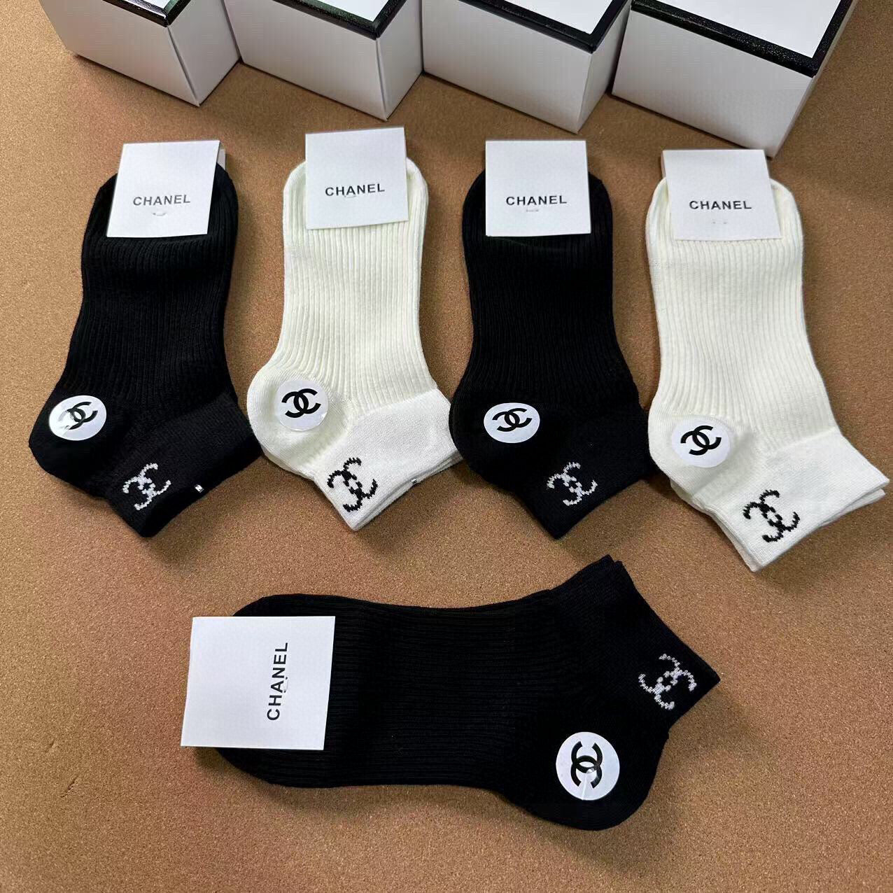 CHANEL Women's Cotton Socks - 5 Pairs with Iconic Double C Logo