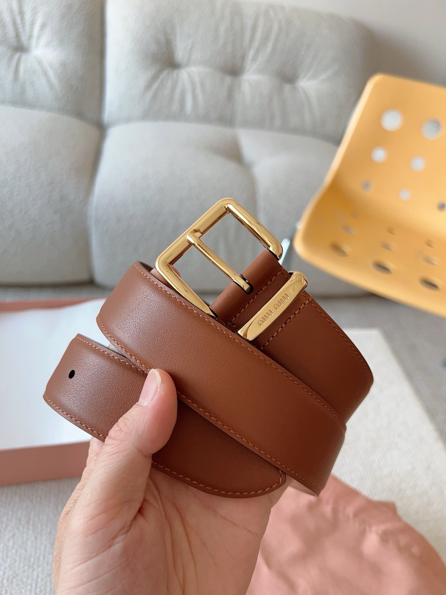 Miu Miu Leather Belt with Logo Detail - 35mm Wide