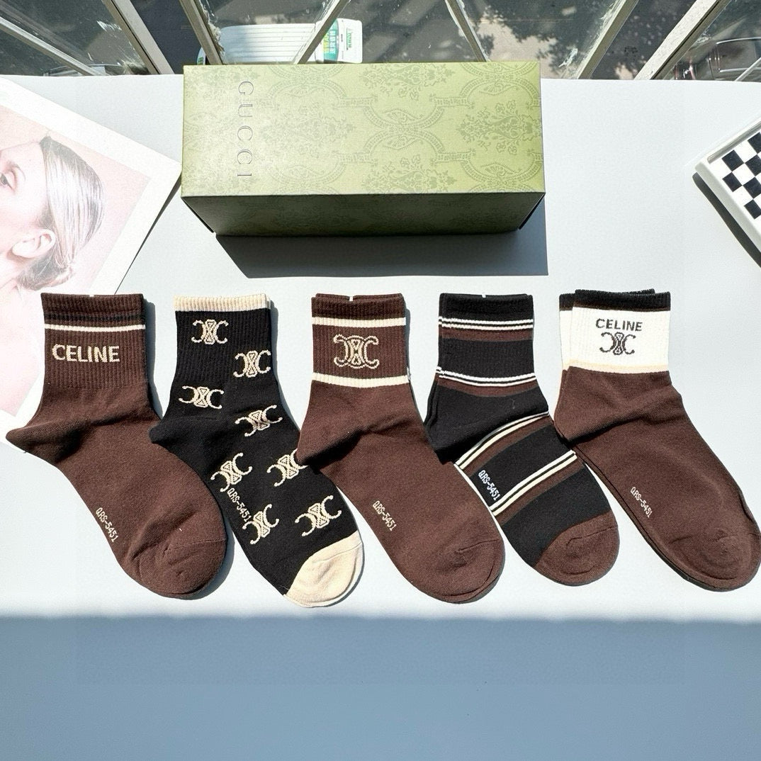 Celine Mid-Calf Fashion Socks - Five Pairs