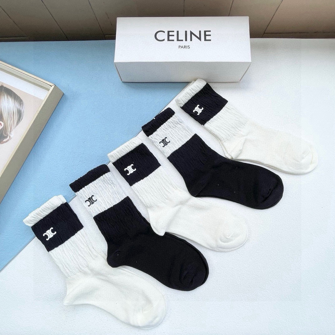 Celine Embroidered Mid-Calf Socks - 5 Pairs
