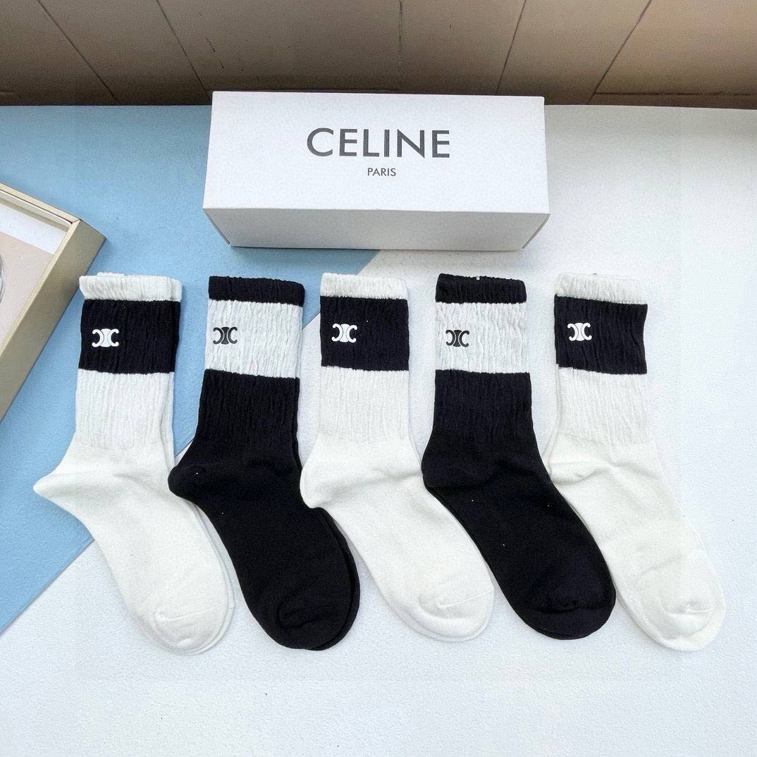 Celine Embroidered Mid-Calf Socks - 5 Pairs